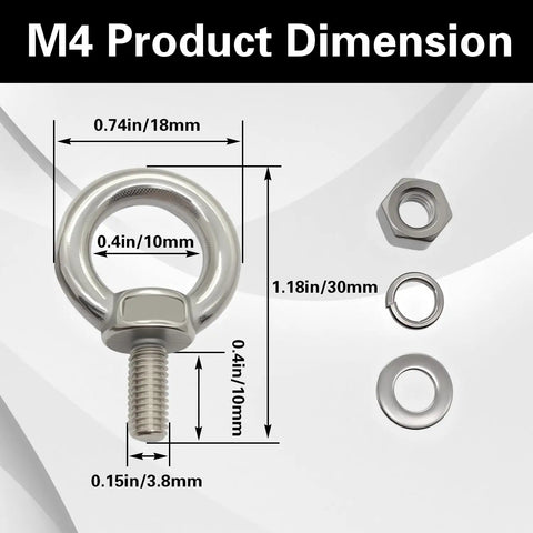 Heavy Duty Stainless Steel M4 Eye Bolts With Nuts And Washers For Rock Solid Hauling Rigging And Secure Load Attachment Tough As Nails Pack Of 12 Pro Hardware dimensions with measurements.
