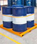 Heavy Duty Spill Containment Platform With Drain Outlet For Metal Steel Tray, featuring blue barrels on yellow polyethylene base.