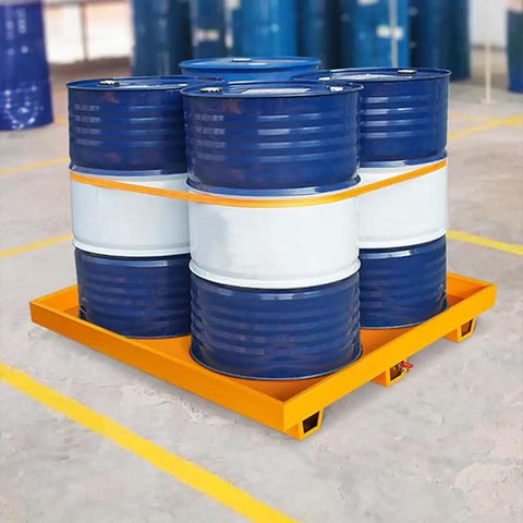 Heavy Duty Spill Containment Platform With Drain Outlet For Metal Steel Tray, featuring blue barrels on yellow polyethylene base.
