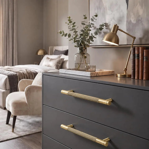 Top Shelf Knurled Cabinet Pulls 10 Pack In Vintage Gold With Precise Six Inch Centers For Stylish Kitchen Drawers Cupboards And Modern Cabinetry That Are Hella Sturdy And Look Super Clean Right Now on a sleek dresser in a modern bedroom.