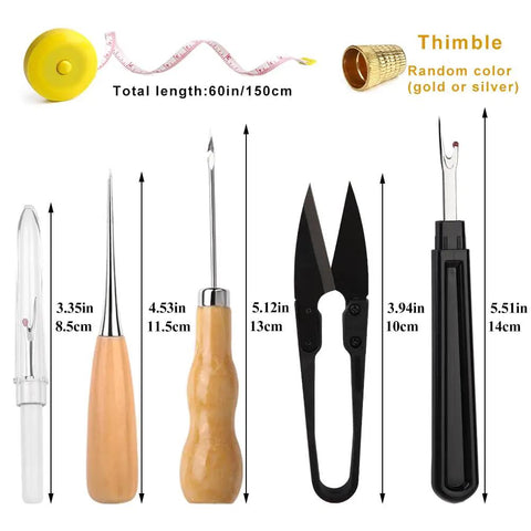 Upholstery Repair Sewing Kit With Heavy Duty Tools, Awl, Seam Ripper, Measuring Tape, Thimble, Hand Stitching Needles