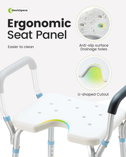 Heavy Duty Adjustable Shower Chair With Arms For Inside Shower 300 Lb Capacity Cutout Seat with ergonomic design and drainage holes