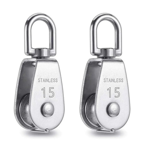 Go-To 12 Piece Stainless Steel Cable Pulley Wheel Set With M15 Small Rotating Rollers Ideal For Outdoor Ropes 360 Degree Swivel Pulleys For Tensioning Lifting Rigging And DIY Projects, two stainless steel M15 pulleys