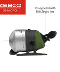 Close-up of Zebco 33 Micro spincast reel in silver and green, part of the Pocket Sized Micro Adventure Spincast Rod And Reel Combo 36 Inch