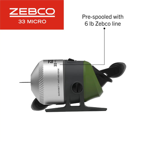 Close-up of Zebco 33 Micro spincast reel in silver and green, part of the Pocket Sized Micro Adventure Spincast Rod And Reel Combo 36 Inch