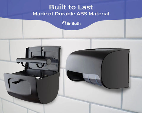 Two Roll Wall Mount Toilet Paper Dispenser With Locking Cover For Home Or Office Use shown open and closed, made of ABS material.