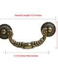 Six Pack Vintage Drop Bail Cabinet Handle in Antique Brass Finish with 3-1/2 Inch Hole Centers, shown with measurements.