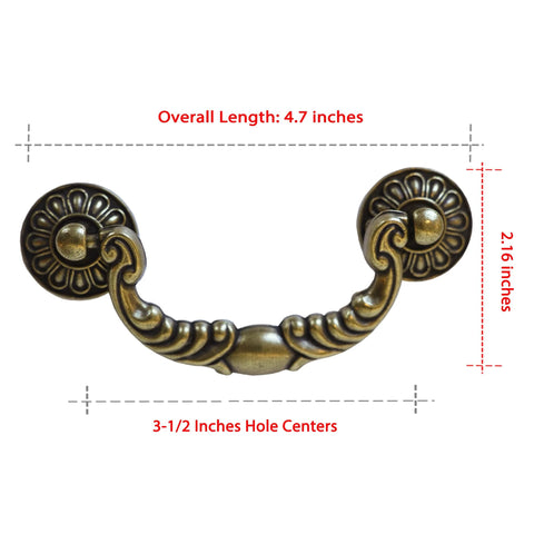 Six Pack Vintage Drop Bail Cabinet Handle in Antique Brass Finish with 3-1/2 Inch Hole Centers, shown with measurements.