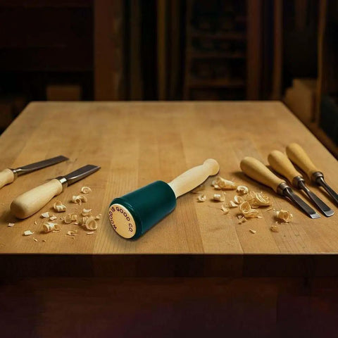 20-Ounce Urethane Mallet For Woodworking, Quiet Yet Powerful Hammer With Maximum Blow Transmission, on a wooden table with chisels