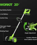 Cordless Weed Eater With Wheels No Cord Hassle Free 20V showing dual safety switch, telescopic height, rotating head, auxiliary wheels