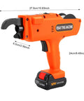 Orange Electric Rebar Tier Gun 8mm To 34mm Automatic Tying Tool, 12V Li-ion Battery, side view with dimensions