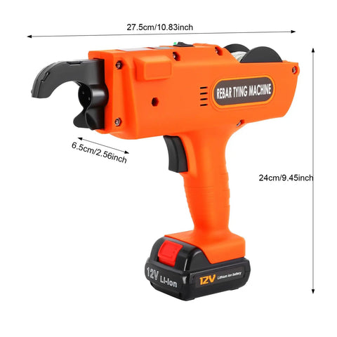 Heavy Duty Automatic Rebar Tying Machine For Construction Sites Fast Electric Handheld Steel Bar Tool with clear dimensions.