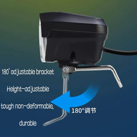 Ultra Bright Electric Bike Headlight For Night Riding With 3 Pins Male Connector Front Light side view with adjustable bracket