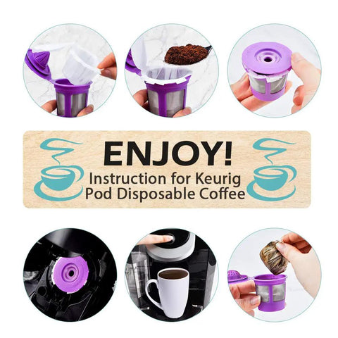 Instructions for Disposable Coffee Filters With Lid For Keurig 2.0 And 1.0 Brewers showing step-by-step usage