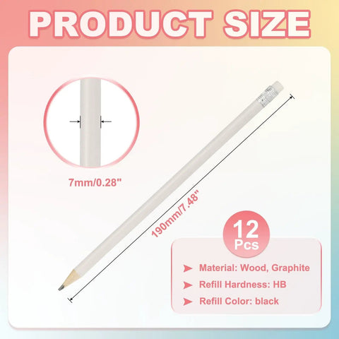 Round Wooden Pencils Bulk Pack Of 12 HB Graphite Pencils With Erasers for office, school and studio use, white finish, size 190mm