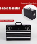 21 Inch Heavy Hitter Metal Tool Box With Four Smooth Drawers And Tight Auto Latching Steel Tool Chest Built Legit For Shop Grind And Weekend Warrior Gear Black with double latch system and handle.