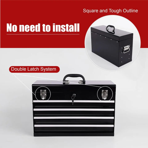 21 Inch Heavy Hitter Metal Tool Box With Four Smooth Drawers And Tight Auto Latching Steel Tool Chest Built Legit For Shop Grind And Weekend Warrior Gear Black with double latch system and handle.