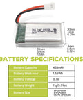 Close-up of Six Pack 3.7V 420mAh 25C LiPo Batteries With Six In One Molex Charger for RC Drones, displaying size and specifications.