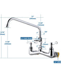 Commercial Wall Mount Sink Faucet With 8 Inch Adjustable Center, G1/2 Inch Inlet, Garden Hose End, 12 Inch Swivel Spout, Diagram