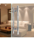 Boss Brushed Stainless Steel Round Tube Door Handle Set For Glass, Wood, And Barn Doors installed on glass door in modern room
