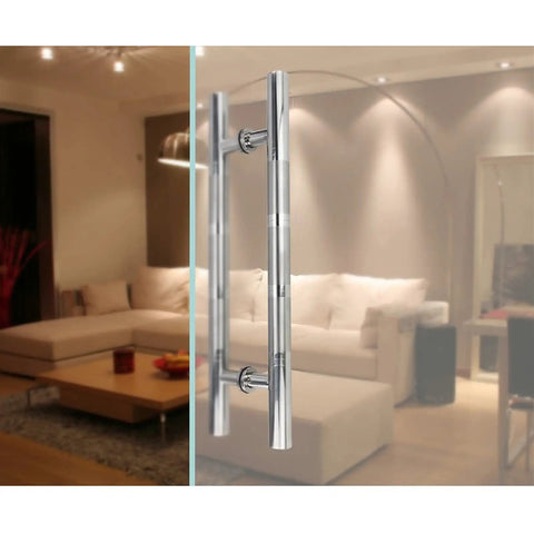 Boss Brushed Stainless Steel Round Tube Door Handle Set For Glass, Wood, And Barn Doors installed on glass door in modern room