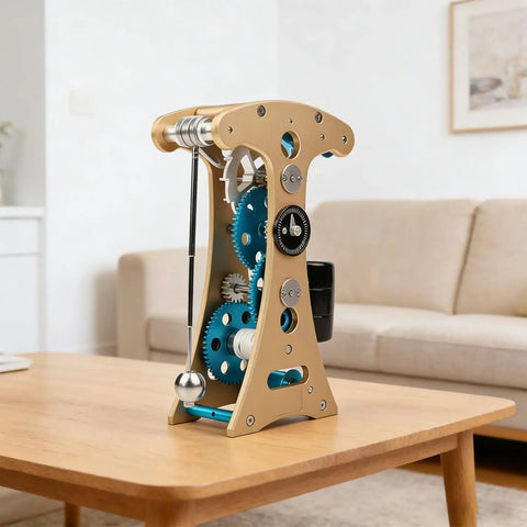 Assembled DIY Metal Pendulum Wall Clock Kit with 3D Puzzle Mechanical Model Gears on a wooden table in a living room.