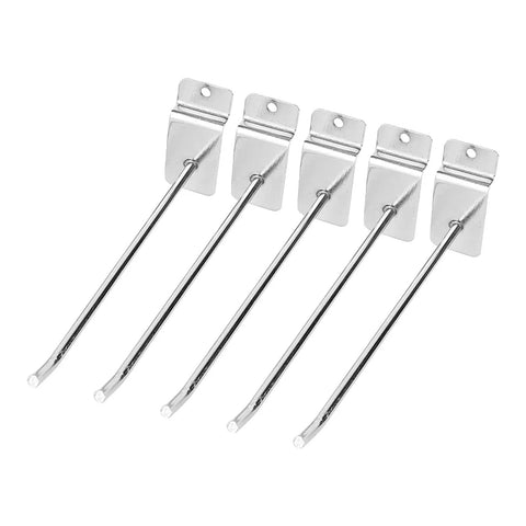 Heavy Duty Slatwall Hooks Pack Of 25 For Retail And Garage Displays 6 Inch Chrome Stainless Steel Hooks shown in a row
