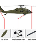 K170 Replacement Parts Kit For UH60L Blackhawk RC Helicopter showing tail wing, landing gear set, and main blade components