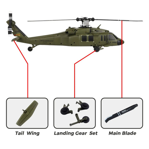 K170 Replacement Parts Kit For UH60L Blackhawk RC Helicopter showing tail wing, landing gear set, and main blade components