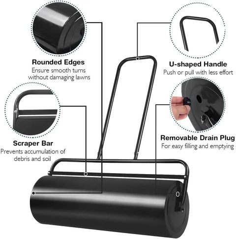 Beefed Up Workhorse Lawn Roller 13x24 Inch Water Or Sand Filled Push And Tow Behind Grass Roller with ergonomic U style handle