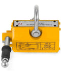Heavy Duty Permanent Magnetic Lifter Built As A Legit Workhorse For Job Site Hustle No Electric Cord Needed Boasts Iron Grip Strength With Durable U Loop Rigging Attachment top view showing compact yellow body and rubber handle.