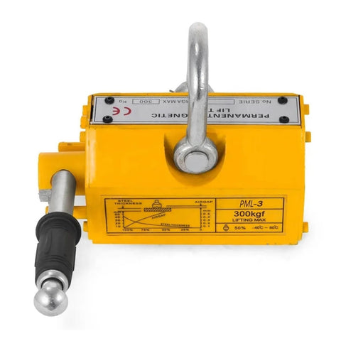 Heavy Duty Permanent Magnetic Lifter Built As A Legit Workhorse For Job Site Hustle No Electric Cord Needed Boasts Iron Grip Strength With Durable U Loop Rigging Attachment top view showing compact yellow body and rubber handle.