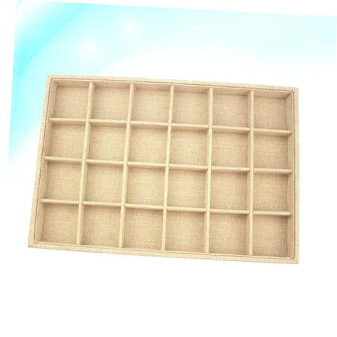 Switch Up Your Desktop Jewelry Tray With Adjustable Grid Dividers For Earrings And Rings Premium Sackcloth Organizer top view of khaki tray