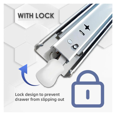 Close-up of Heavy Duty Full Extension Drawer Slides Pair Stainless Steel with lock feature for secure usage.