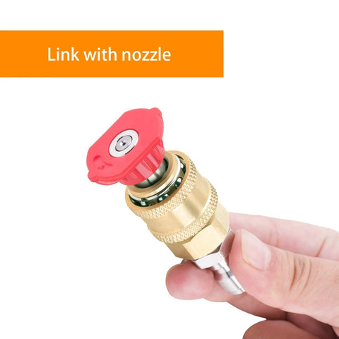 Close-up of brass pressure washer quick-connect coupler with red cap, 1/4 inch NPT