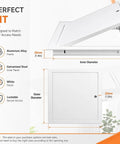 Solid Aluminum Access Panel With Key Lock For Drywall And Ceilings, dimensions and features outlined, white finish with lockable design.