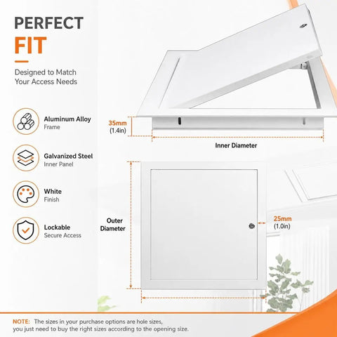 Solid Aluminum Access Panel With Key Lock For Drywall And Ceilings, dimensions and features outlined, white finish with lockable design.