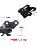 Quick Change Hitch Attachments For Mini Excavators Up To 3 Tons showing dimensions and weight, featuring two metal parts