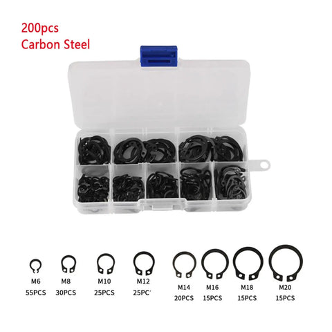 200 pcs of the 100 160 200 Piece External Retaining Rings Kit in carbon steel with snap rings, washers, and circlips, M6 to M25