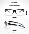 Frame dimensions of Ultra Lightweight Anti Fog Safety Glasses With Clear Shields Ansi Z87 Plus Certified, showing size and lightweight design.