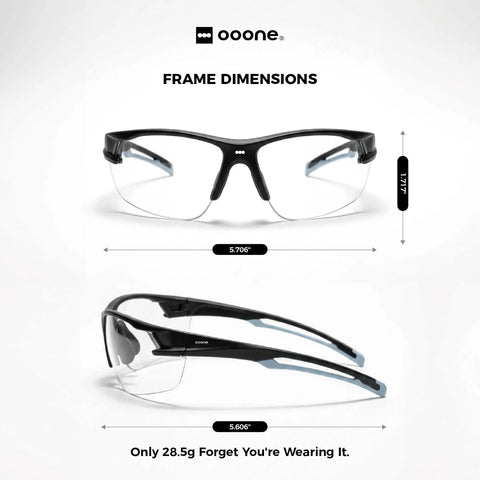 Frame dimensions of Ultra Lightweight Anti Fog Safety Glasses With Clear Shields Ansi Z87 Plus Certified, showing size and lightweight design.