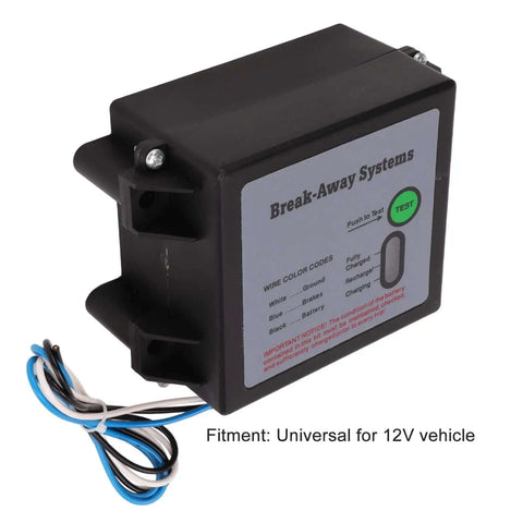 12V LED Trailer Breakaway Kit with Universal Brake Controls, weatherproof PP body, wires visible, test LED display