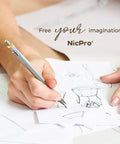 Person drawing with Nicpro Blocky Gear 0.9 mm Mechanical Pencil Set in Metal Case with 2 Tubes 0.9 Hb Lead Refills and Cap Erasers.