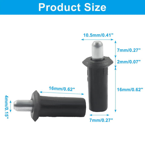 Legit Heavy Duty 10 Piece Spring Loaded Cabinet Door Repair Pins Black Durable Plastic And Reinforced Steel Core dimensions shown with measurements.
