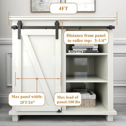4Ft Sliding Barn Door Hardware Kit For Single Door TV Stands And Small Cabinets With J Shaped Hanger on white cabinet