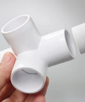 Close-up of 4 Way PVC Pipe Fittings 3/4 Inch White SCH40 Furniture Grade Connectors, showing a side outlet tee for DIY projects.