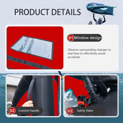 Inflatable Wind Wing For Foil Kitesurfing And Wing Foil Surfing Handheld Foil Wing Kite details: window design, comfort handle, safety valve