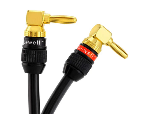 Close-up of Right Angle Banana Plugs, 6 Pairs Gold Plated Speaker Plugs, 90 Degree Quick Connect with black cables.