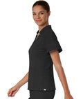 Women Slim Fit V Neck Mock Collar Scrub Top Soft Stretch Medical Uniform Nurse Shirt Super Comfy Hospital Workwear Fly Healthcare Day Shift Absolute Flex Classic in black, model smiling.