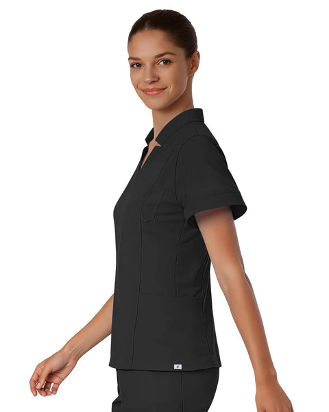 Women Slim Fit V Neck Mock Collar Scrub Top Soft Stretch Medical Uniform Nurse Shirt Super Comfy Hospital Workwear Fly Healthcare Day Shift Absolute Flex Classic in black, model smiling.